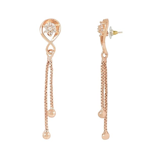 Etnico Valentines Special Sparkling Glamorous Rose Gold Plated Floral Shape Stud CZ and American Diamond Tassel Drop Fashionable Earrings for Women/Girls
