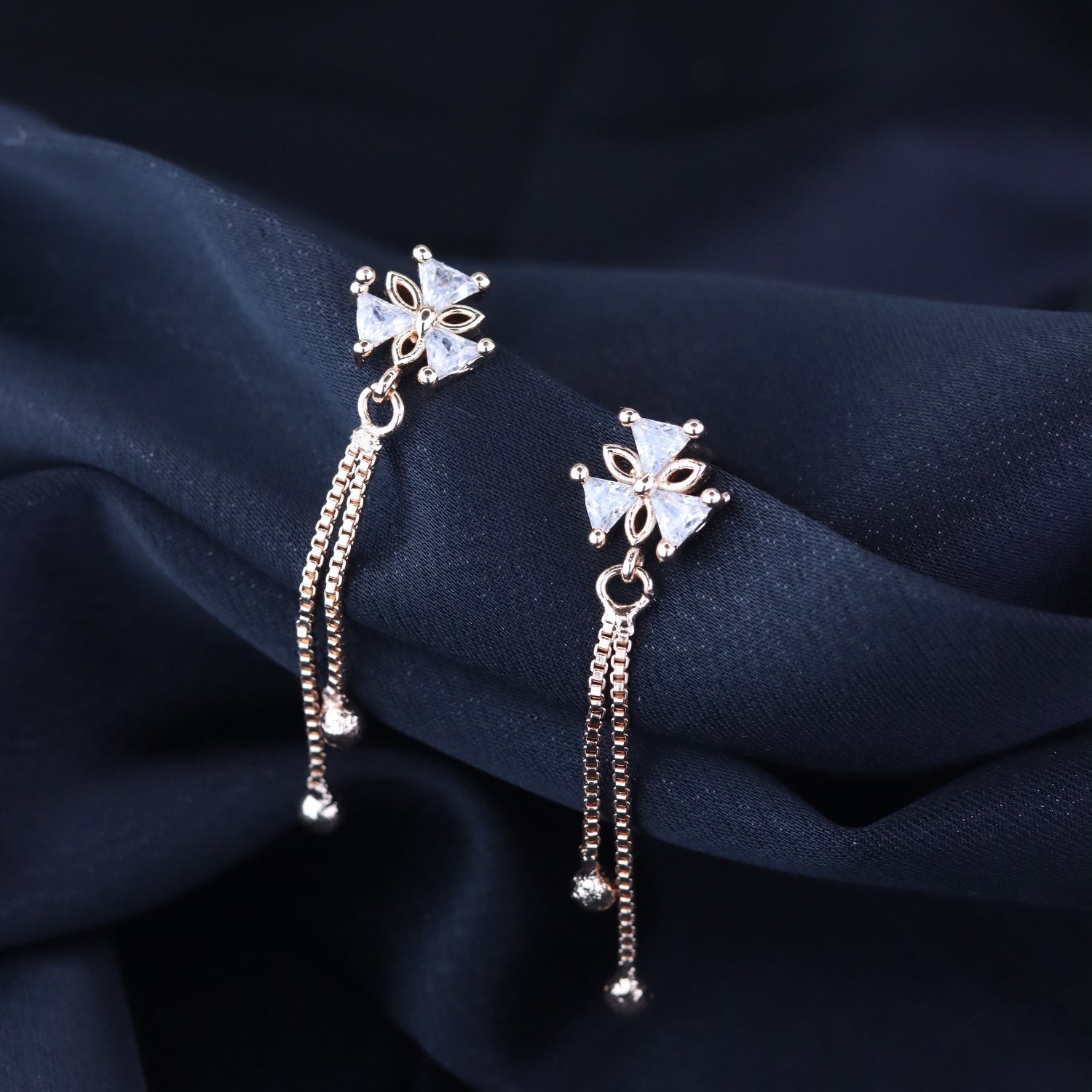 Etnico Valentines Special Sparkling Glamorous Rose Gold Plated Floral Shape Stud CZ and American Diamond Tassel Drop Fashionable Earrings for Women/Girls