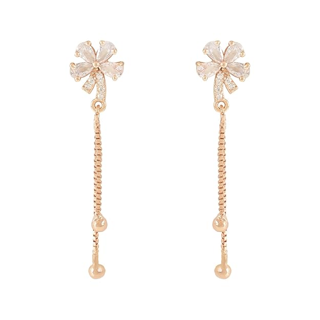 Etnico Valentines Special Sparkling Rose Gold Plated Floral Shape Stud CZ American Diamond Pearl Studed Tassel Drop Fashionable Earrings for Women/Girls