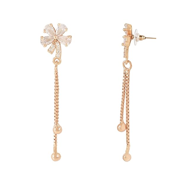 Etnico Valentines Special Sparkling Rose Gold Plated Floral Shape Stud CZ American Diamond Pearl Studed Tassel Drop Fashionable Earrings for Women/Girls