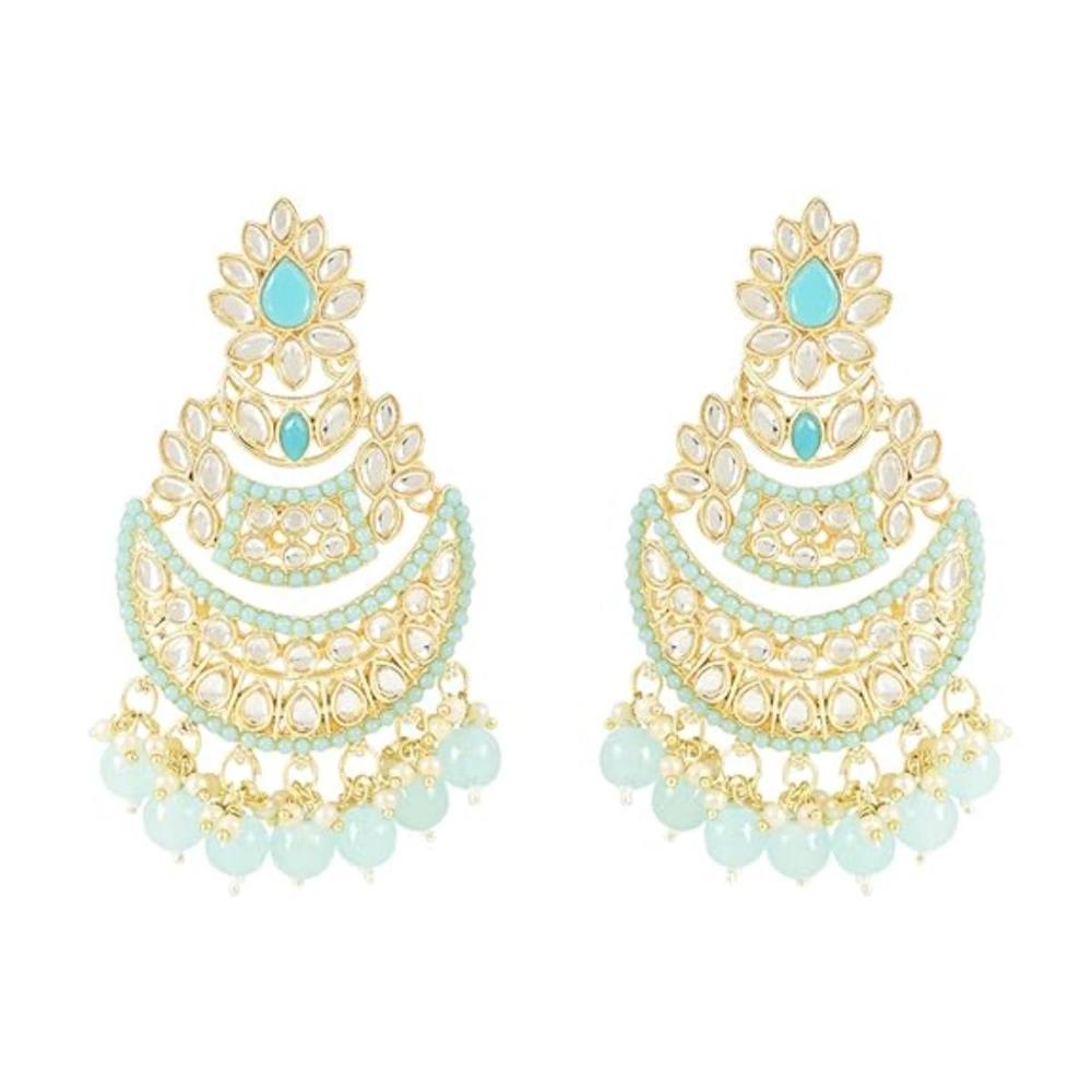 Etnico Gold Plated Intricately Designed Traditional Meena Work Kundans & Pearls Chandbali Earrings For Women (E3012) (Sky Blue)