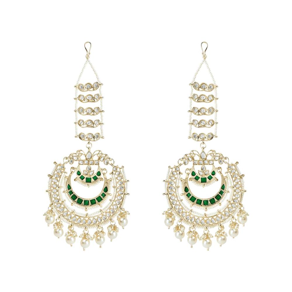 Etnico Gold Plated Traditional Kundan Hanging Pearl Earrings Attachable Ear Chain For Women/Girls (Green)