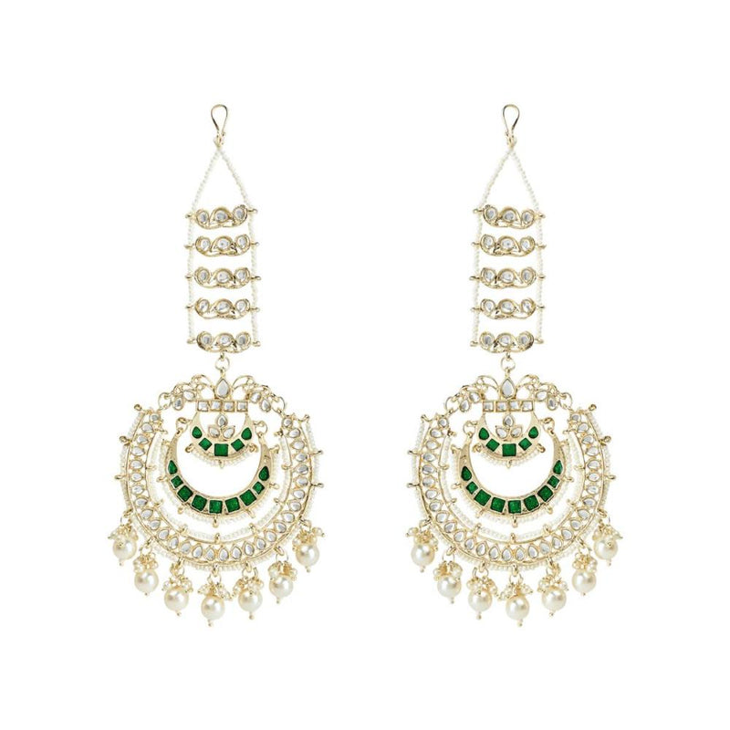 Etnico Gold Plated Traditional Kundan Hanging Pearl Earrings Attachable Ear Chain For Women/Girls (Green)