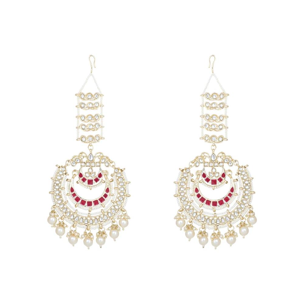 Etnico Gold Plated Traditional Kundan Hanging Pearl Earrings Attachable Ear Chain For Women/Girls (Rani)