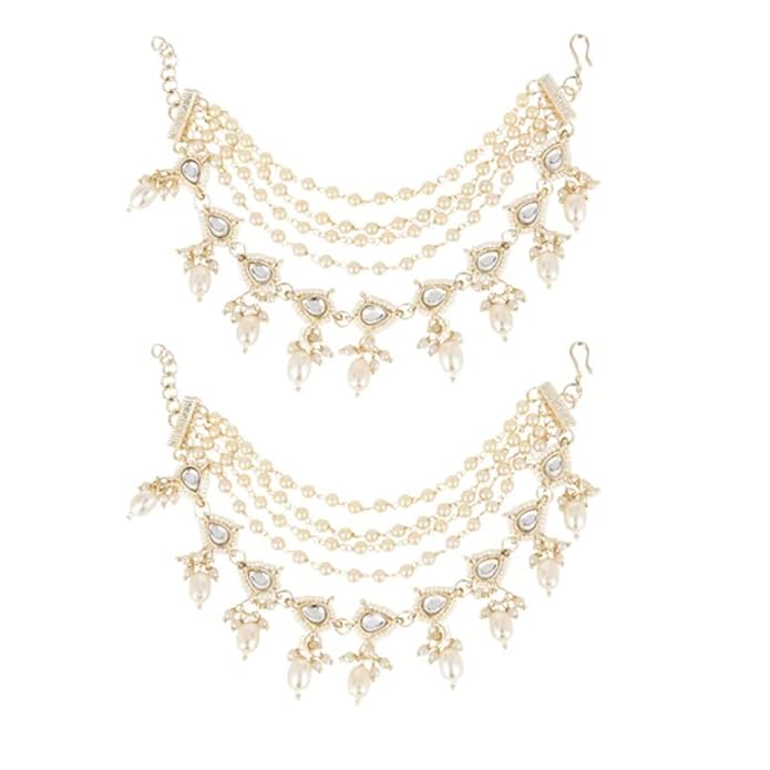 Etnico Gold Plated Traditional Layered Pearl Beaded Ear Chain with Kundan Accents for Women