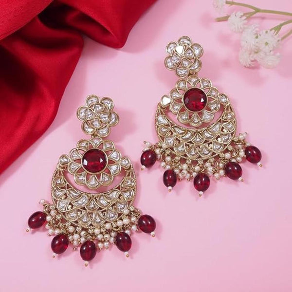 Etnico Gold Plated Traditional Handcrafted Kundan Pearl Floral Design Earrings For Women (Maroon)