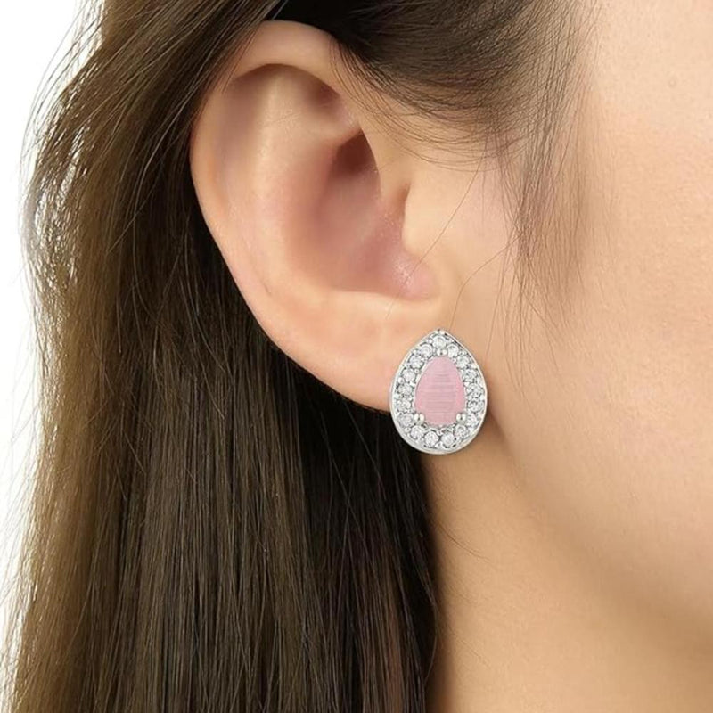 Etnico Stylish Latest Fashion Silver Plated CZ American Diamond Stud Earrings For Women (Pink)