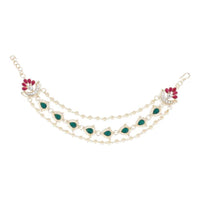 Etnico Gold Plated Traditional Layered Pearl Beaded Ear Chain with Kundan for Women