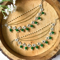 Etnico Gold Plated Traditional Layered Pearl Beaded Ear Chain with Stone Drops for Women