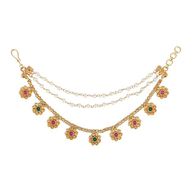 Etnico Gold Plated Traditional Flower Pearl Layered Hair Chain/Ear chain Accessories with Hook for Women