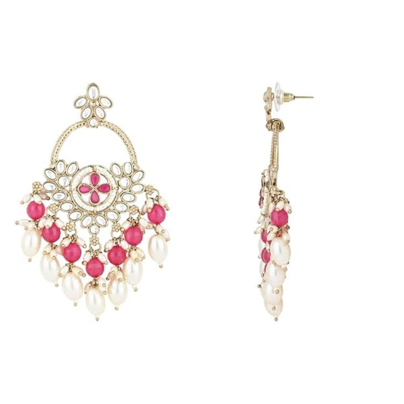 Etnico Gold Plated Traditional Handcrafted Kundan Pearl Chandbali Dangle Earrings for Women (E3222) (Dark Pink)