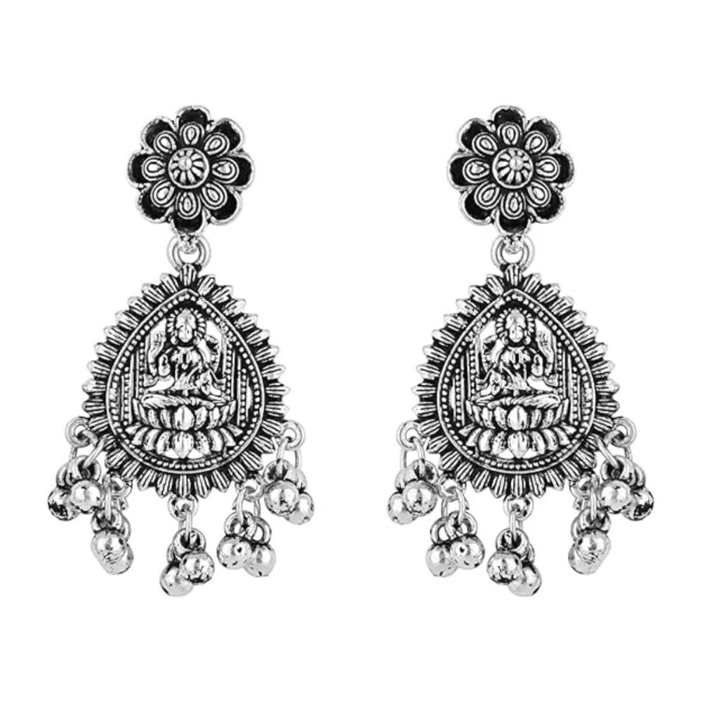 Etnico Navratri Ethnic Silver Oxidised Afghani Style Floral Design Temple Earrings For Women (E3224OX)