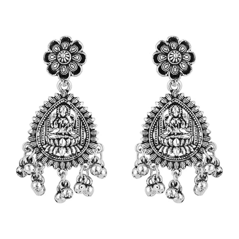 Etnico Navratri Ethnic Silver Oxidised Afghani Style Floral Design Temple Earrings For Women (E3224OX)