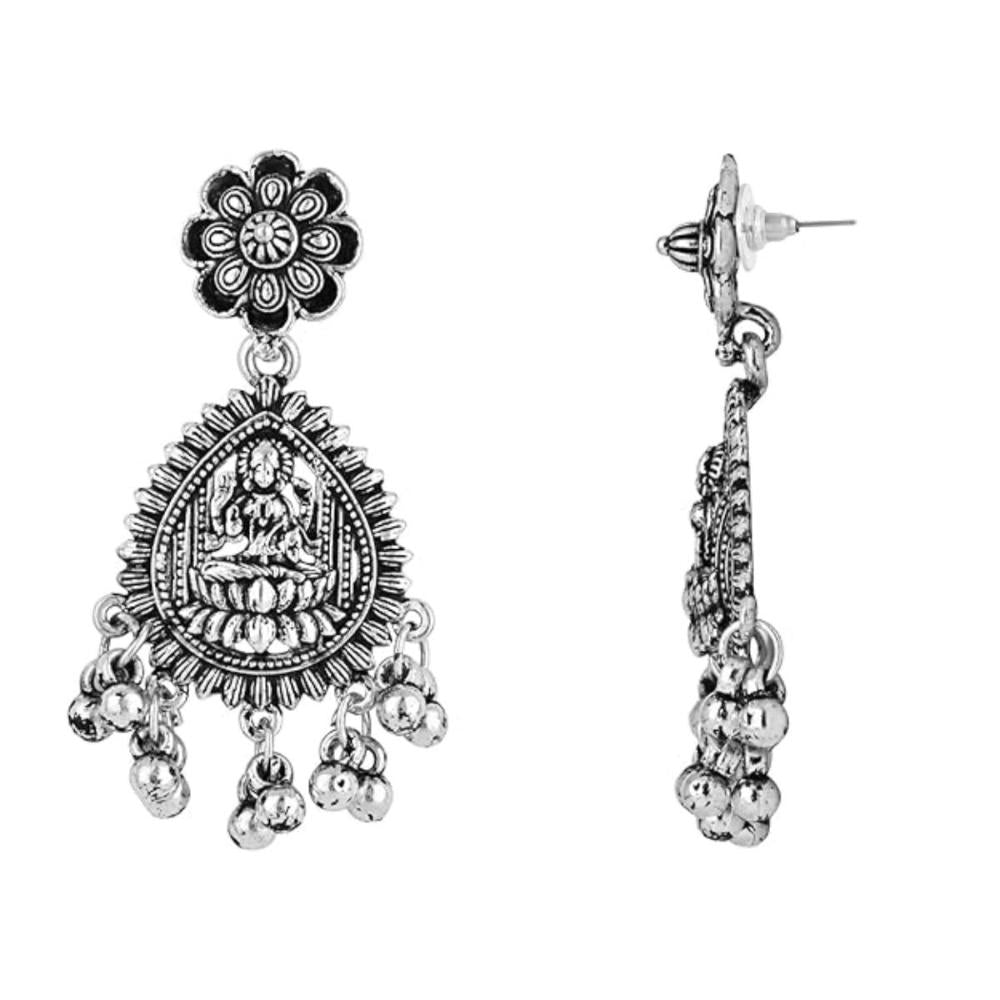 Etnico Navratri Ethnic Silver Oxidised Afghani Style Floral Design Temple Earrings For Women (E3224OX)