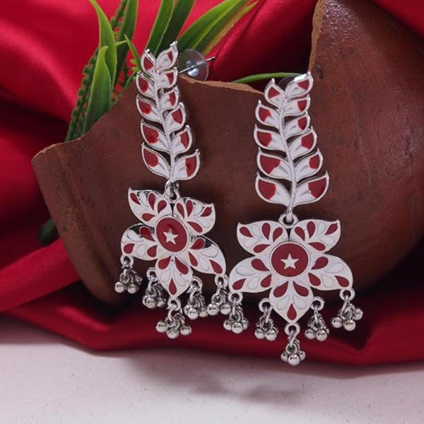 Etnico Silver Oxidised Meenakari Trendy Floral Leaf Design Dangle Earrings For Women (E3236ZR)