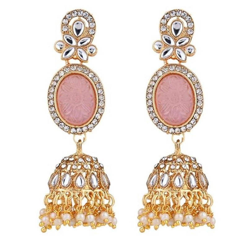 Etnico Gold Plated Traditional Kundan & Pearl Jhumka Dangle Earrings (Pink)