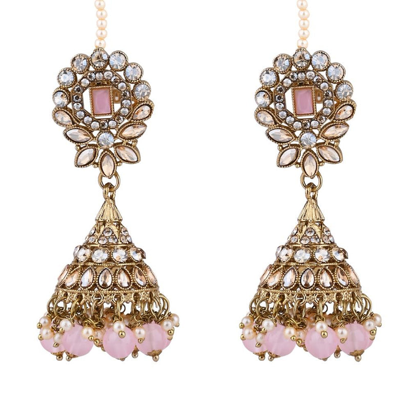 Etnico Gold Plated Traditional Kundan & Pearl Jhumka Earrings With Pearl Earchain For Women (E3257Pi)