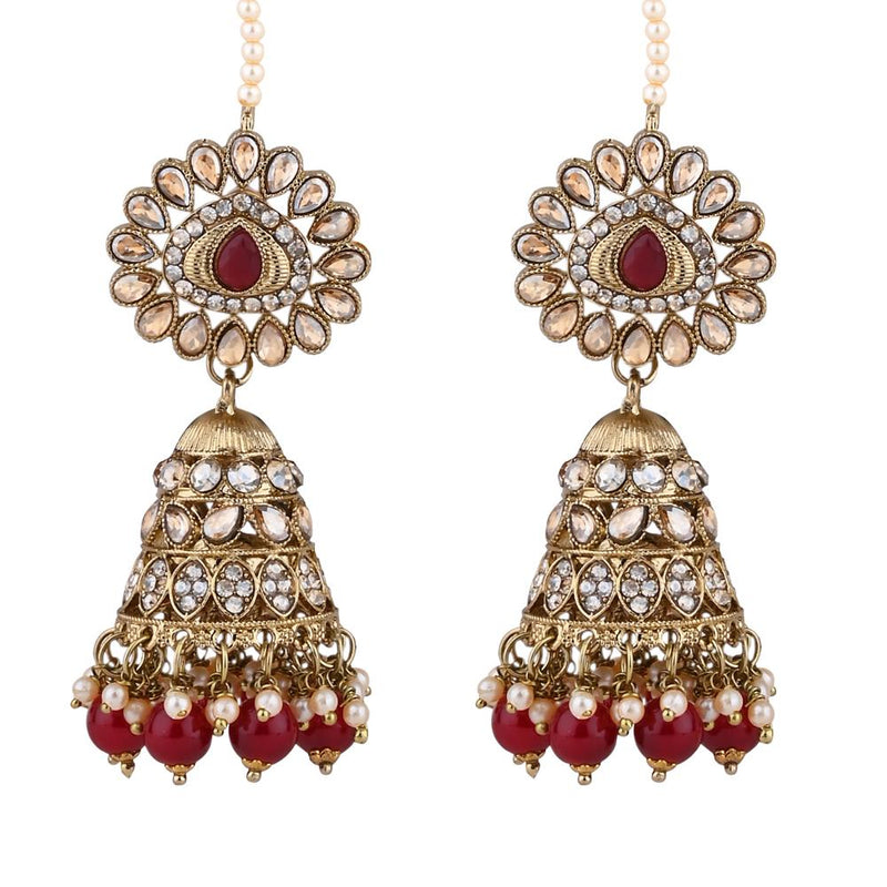 Etnico Gold Plated Traditional Kundan & Pearl Jhumka Earrings With Pearl Earchain For Women (E3258M)