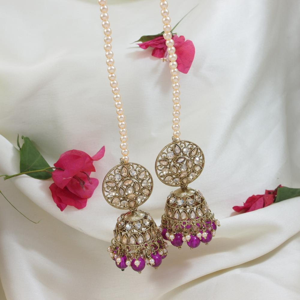 Etnico Gold Plated Traditional Kundan & Pearl Jhumka Earrings With Pearl Earchain For Women (E3259Pu)