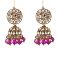 Etnico Gold Plated Traditional Kundan & Pearl Jhumka Earrings With Pearl Earchain For Women (E3259Pu)