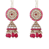 Etnico Gold Plated Traditional Kundan & Pearl Jhumka Earrings With Pearl Earchain For Women (E3260Q)