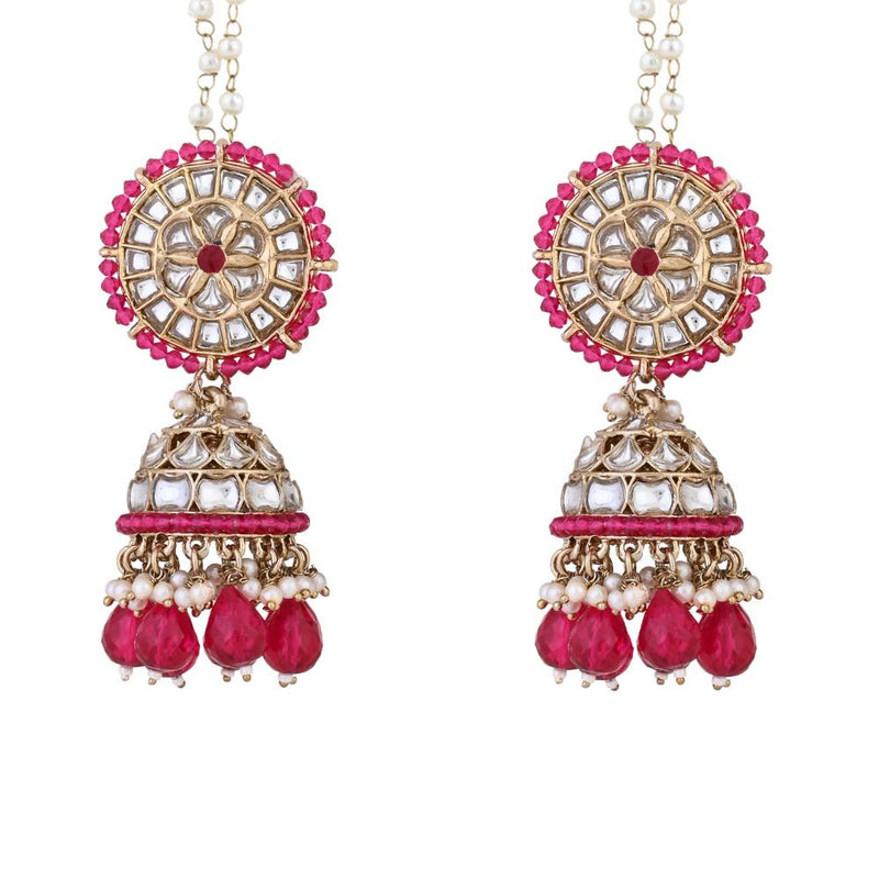 Etnico Gold Plated Traditional Kundan & Pearl Jhumka Earrings With Pearl Earchain For Women (E3260Q)