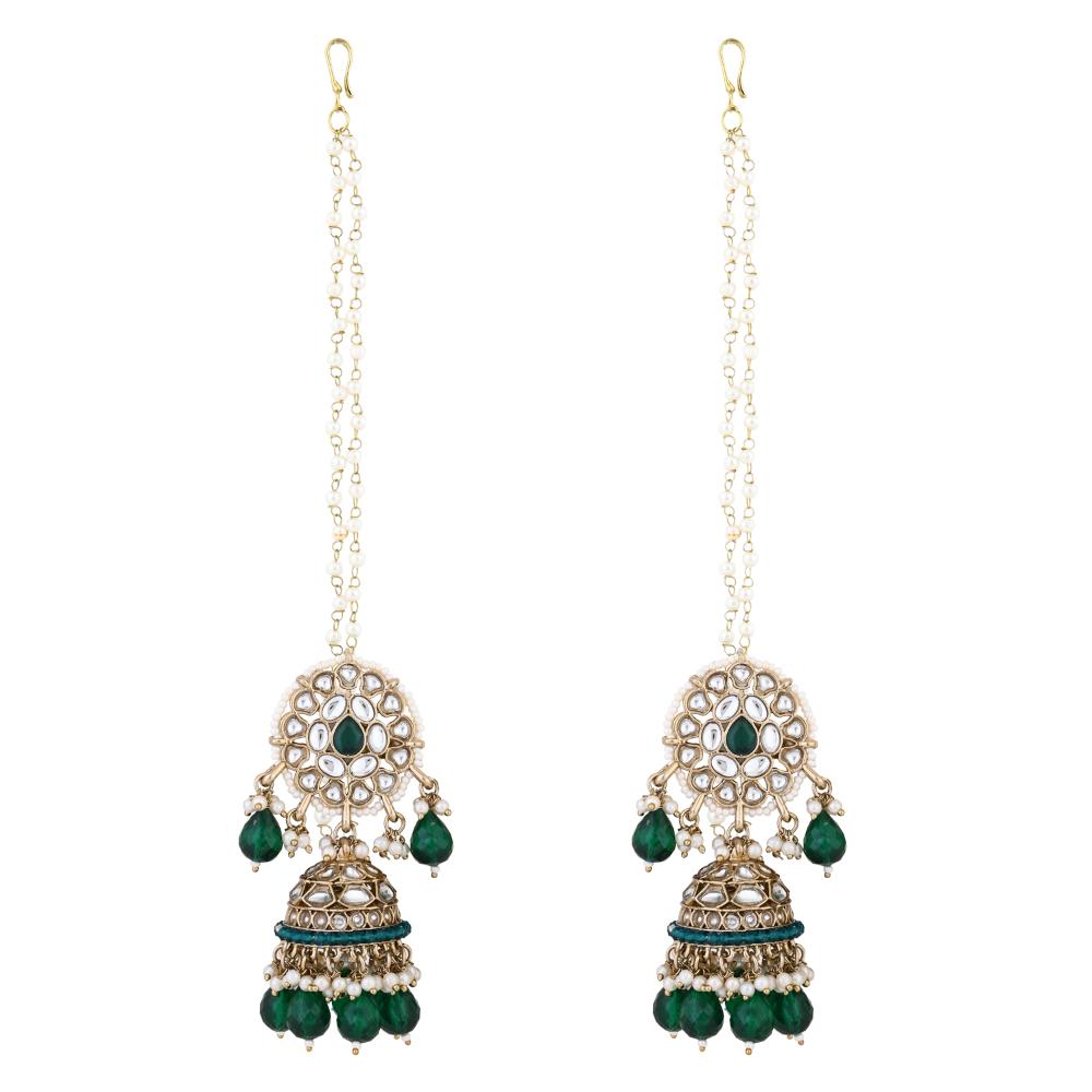 Etnico Gold Plated Traditional Kundan & Pearl Jhumka Earrings With Pearl Earchain For Women (E3262G)