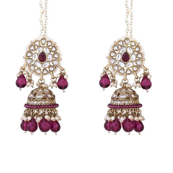 Etnico Gold Plated Traditional Kundan & Pearl Jhumka Earrings With Pearl Earchain For Women (E3262Wi)