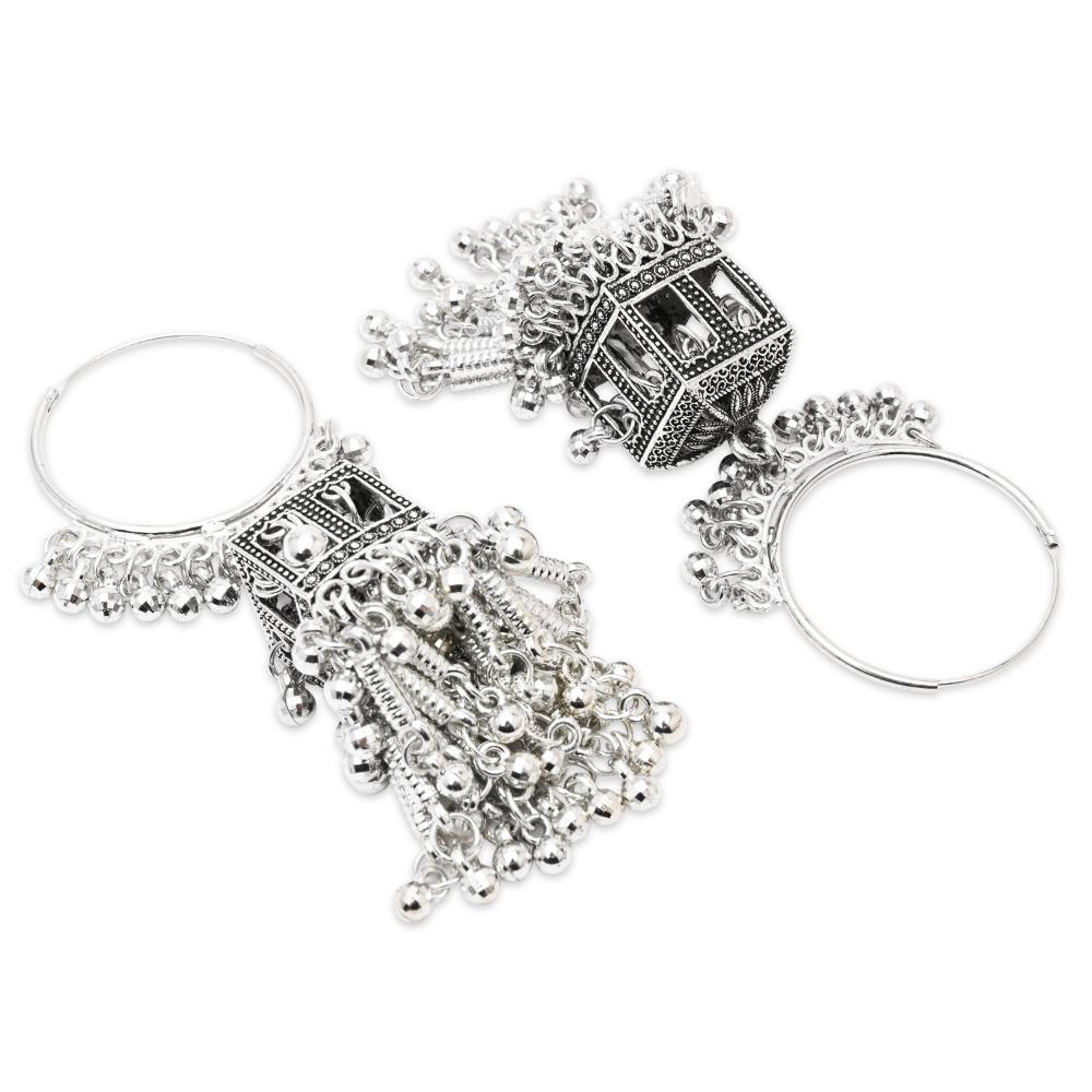 Etnico Silver Oxidised Afghani Style Boho Jhumka Earrings For Women (E3295OX)