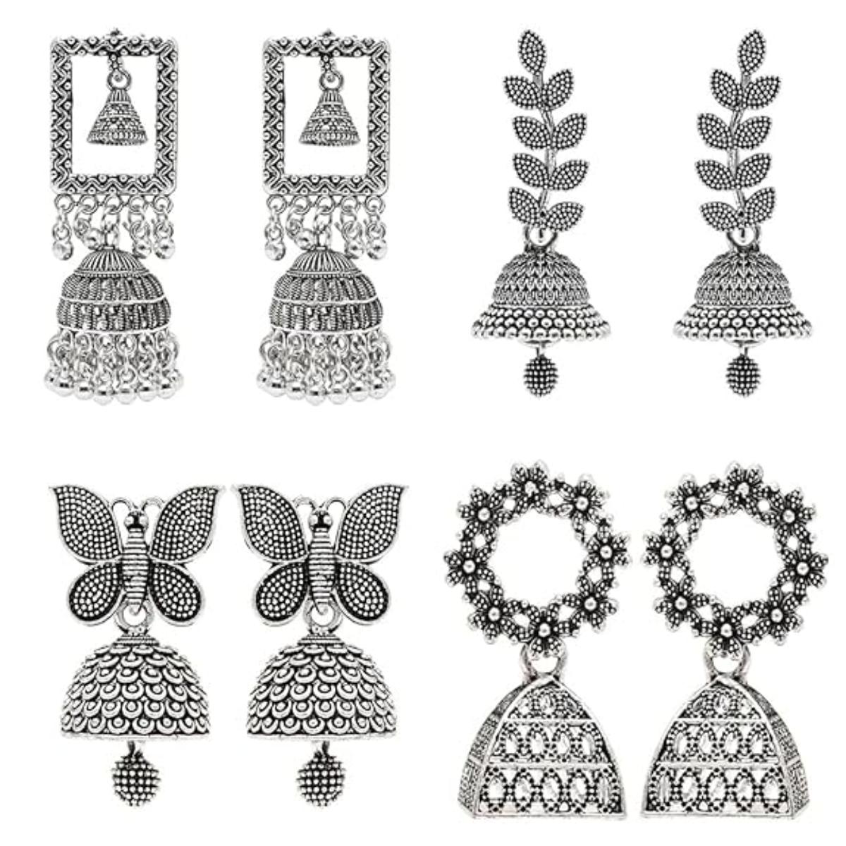 Etnico Silver Oxidised 4 different Design Jhumka Earrings Combo For Women