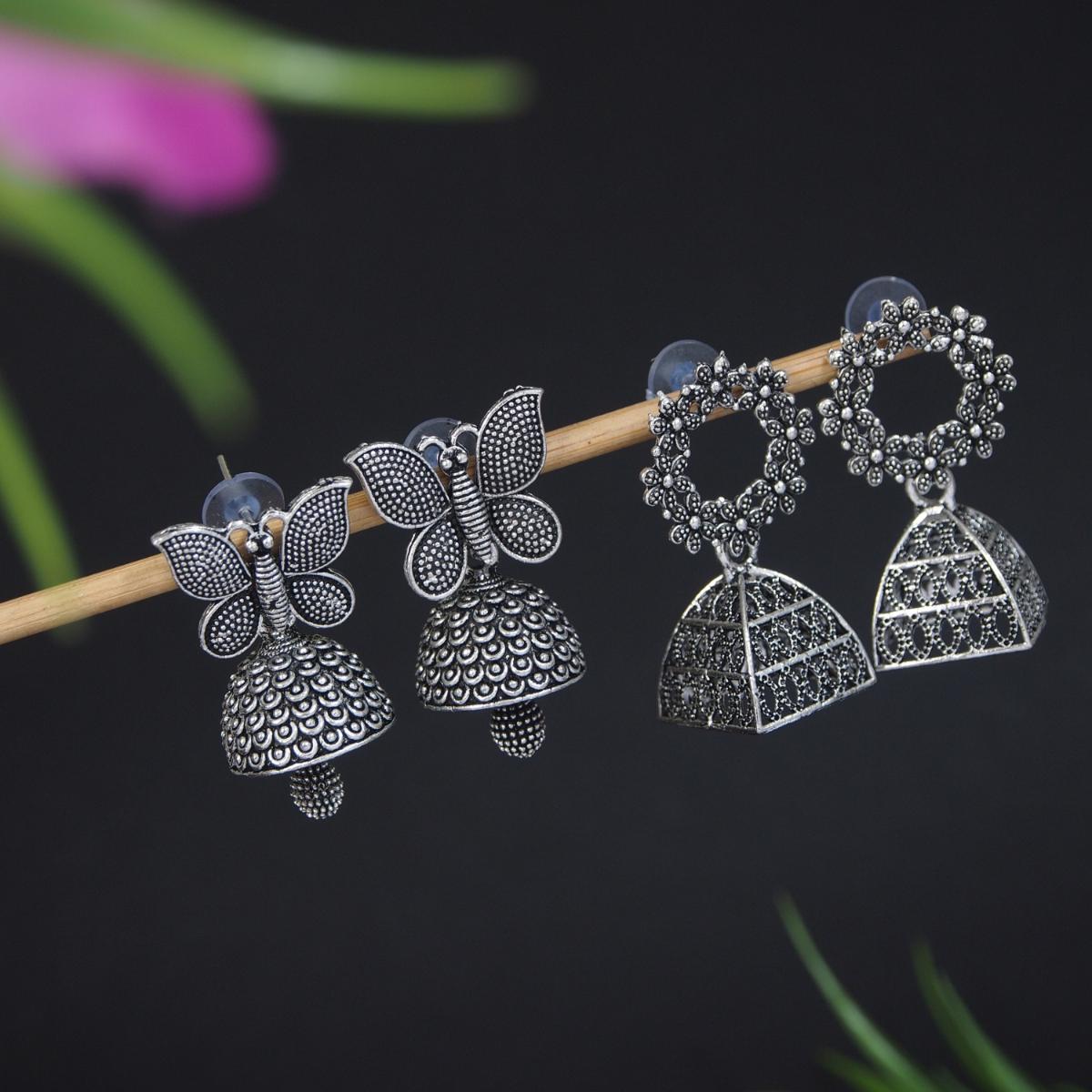 Etnico Traditional Stylish Fancy Silver Oxidised Afghani Jhumka Earrings Combo For Women