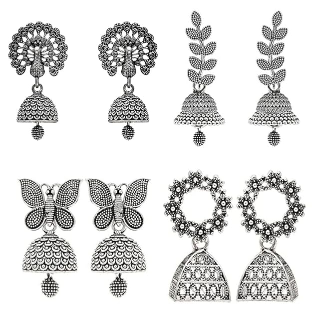 Etnico Ethnic Silver Oxidised Jhumka Earrings For Women