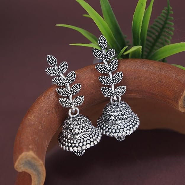 Etnico Ethnic Silver Oxidised Jhumka Earrings For Women