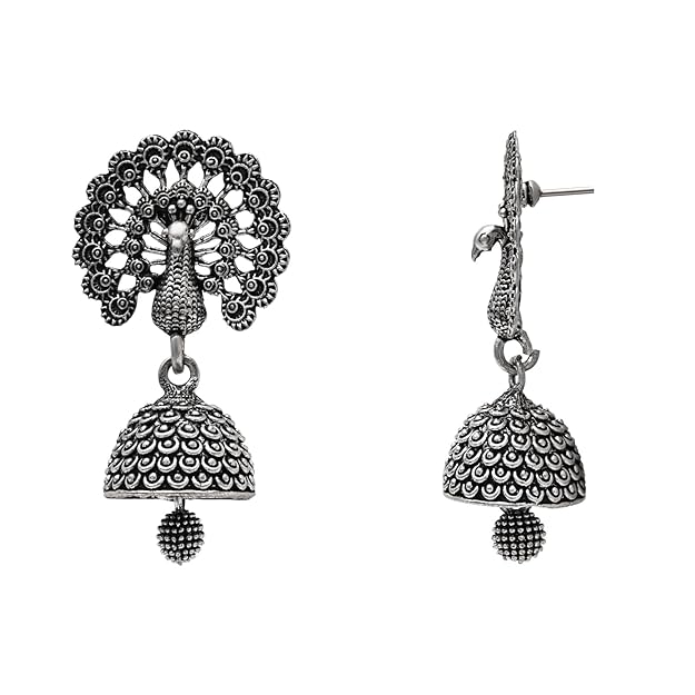 Etnico Ethnic Silver Oxidised Jhumka Earrings For Women