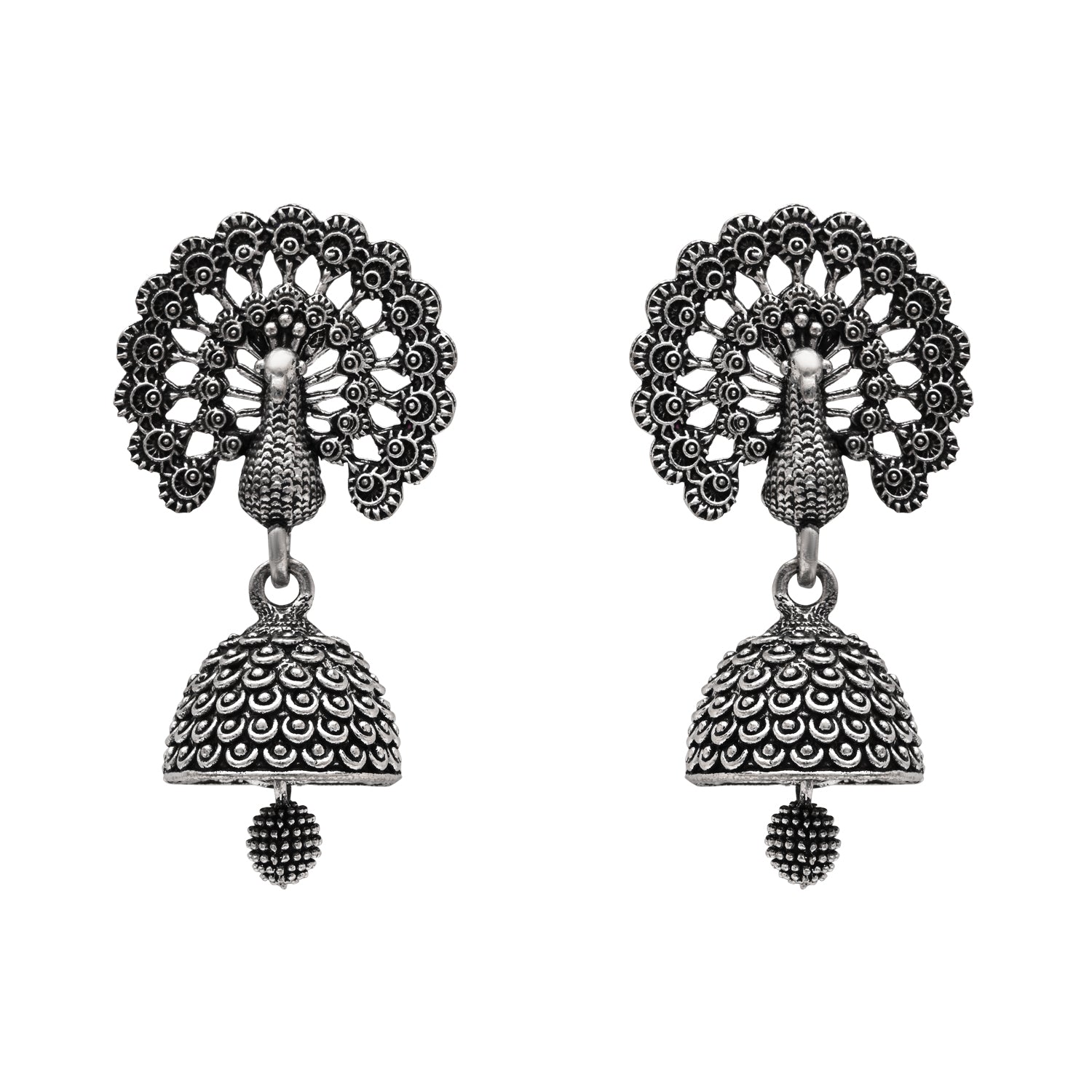 Etnico Ethnic Silver Oxidised Jhumka Earrings For Women