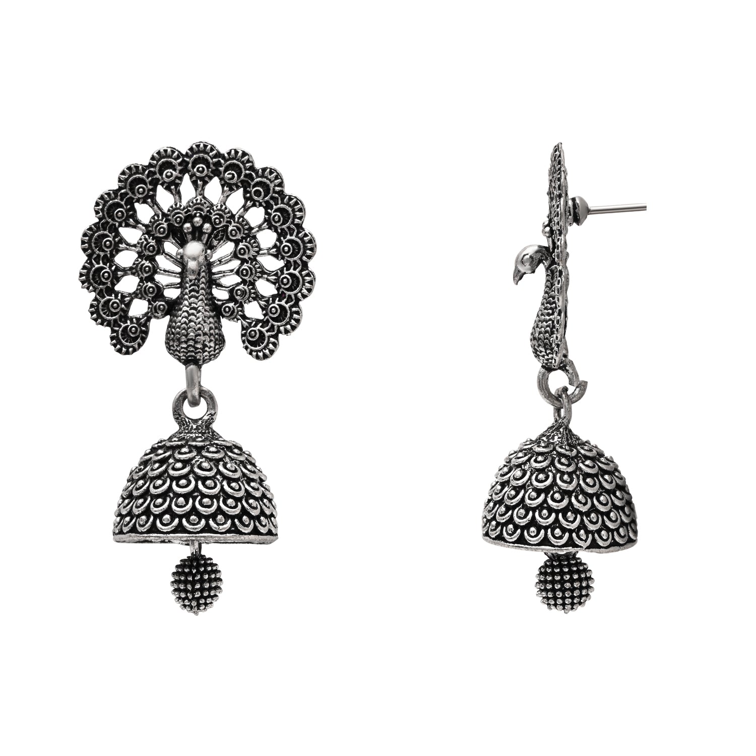 Etnico Ethnic Silver Oxidised Jhumka Earrings For Women