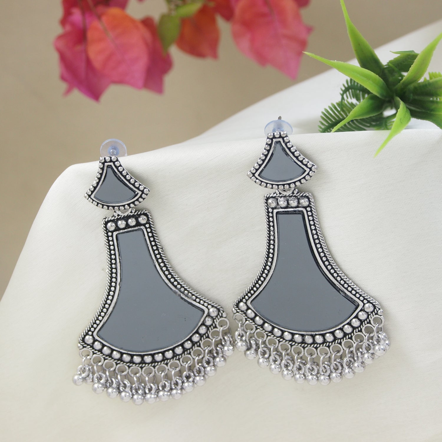 Etnico Ethnic Silver Oxidised Teardrop Shaped Dangle Earrings For Women