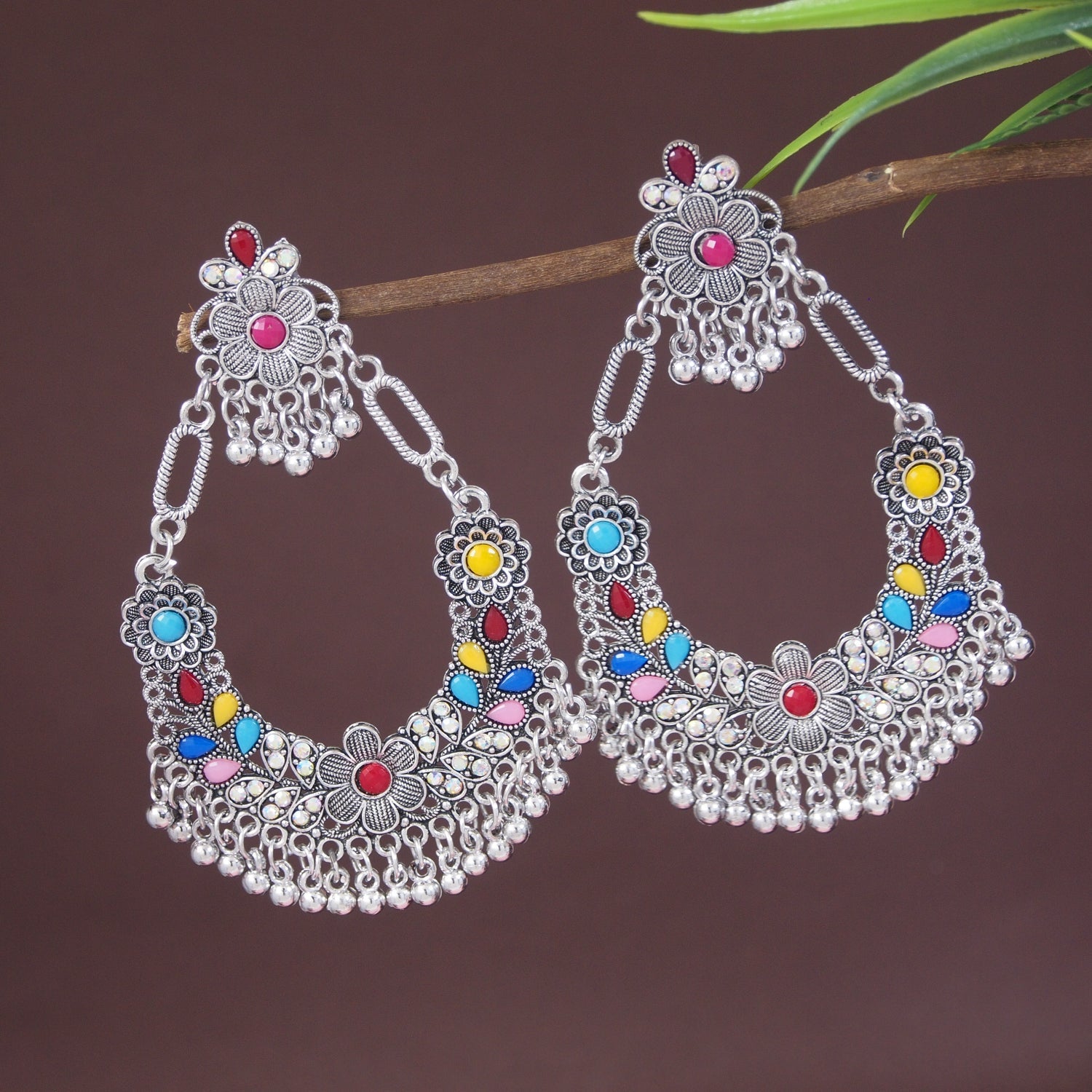 Etnico Traditional Silver Oxidised Afghani Style Dangle Earrings For Women