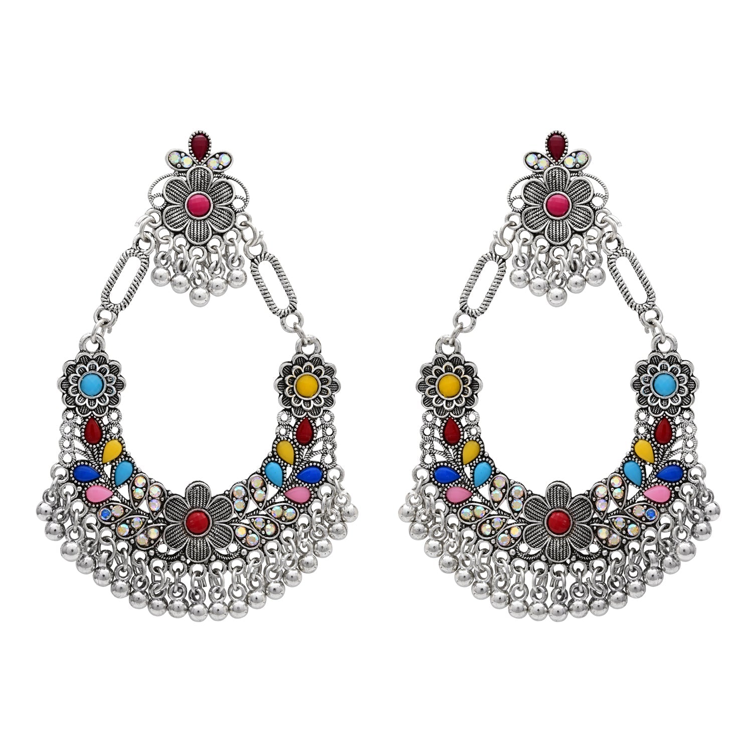 Etnico Traditional Silver Oxidised Afghani Style Dangle Earrings For Women