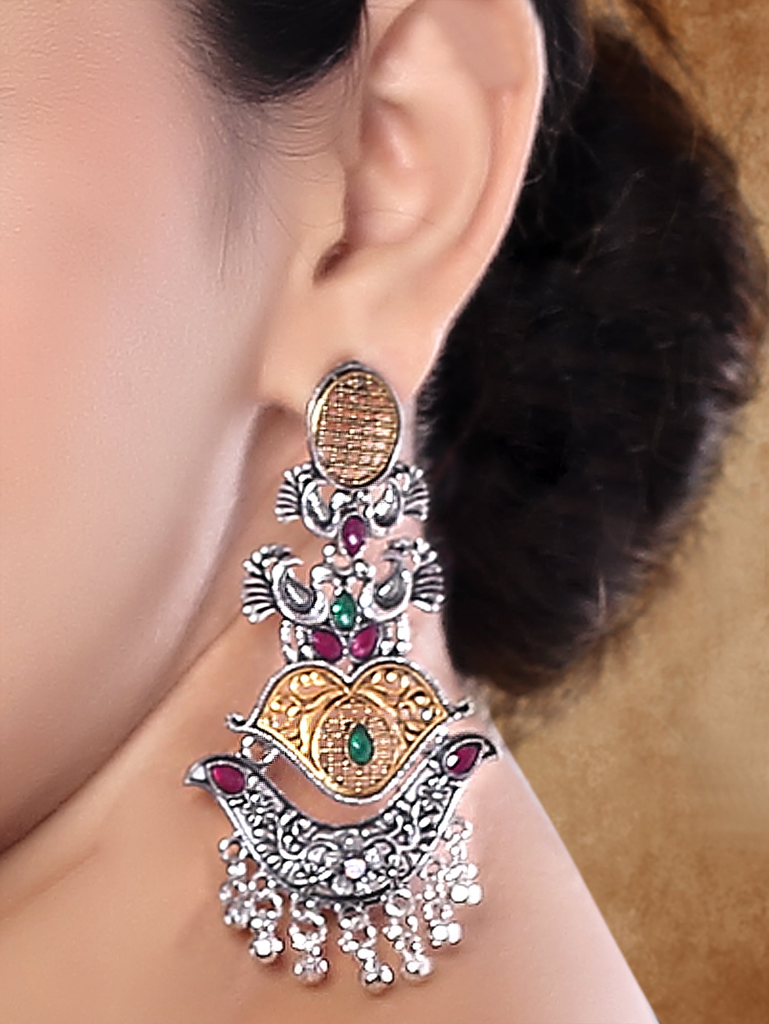 Etnico Silver Oxidised Traditional Peacock & Floral Design Ghungroo Detailing Dangle Earrings for Women