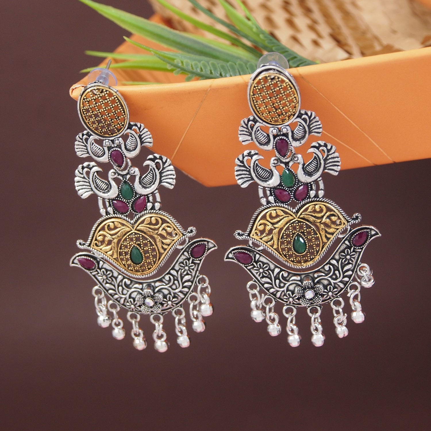 Etnico Silver Oxidised Traditional Peacock & Floral Design Ghungroo Detailing Dangle Earrings for Women