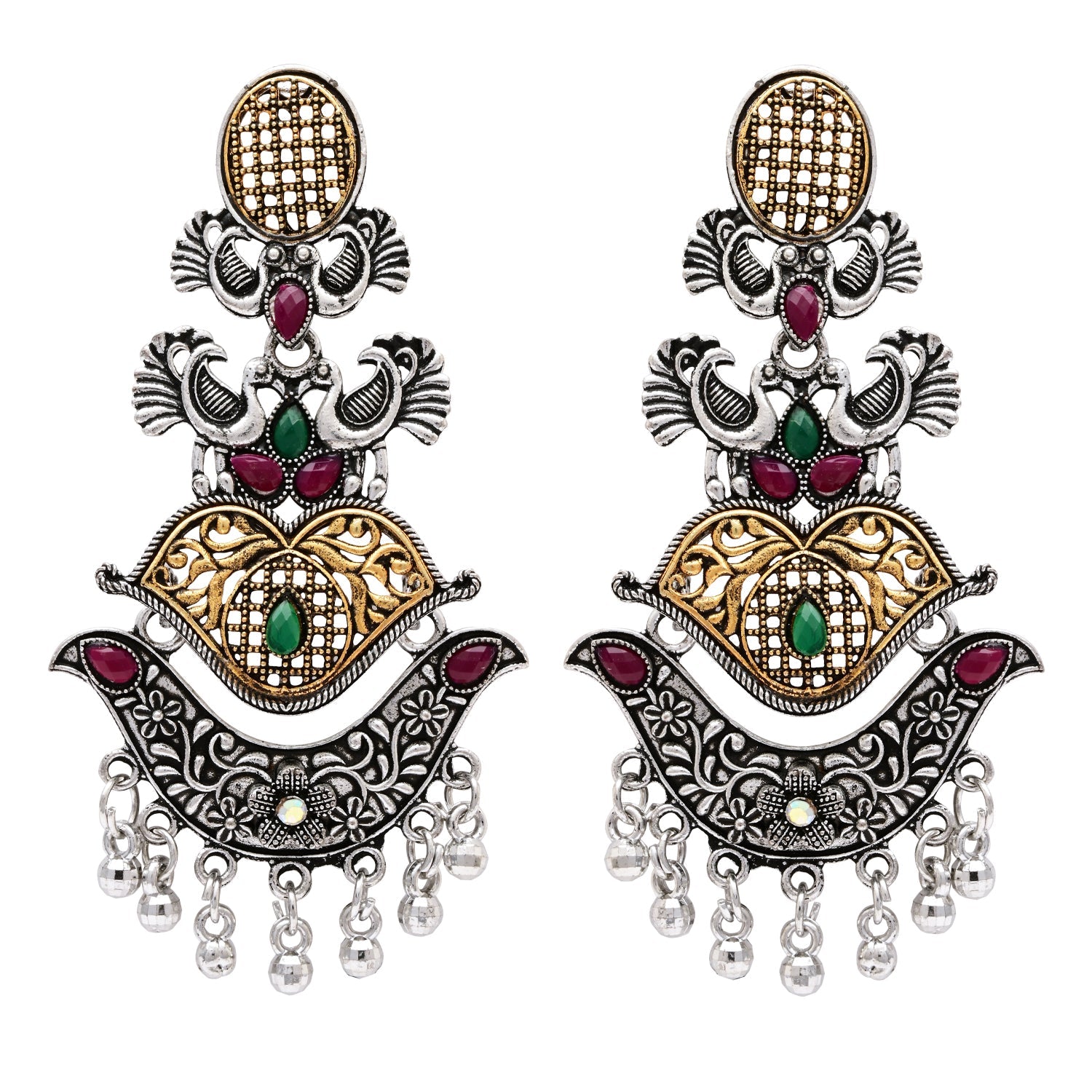 Etnico Silver Oxidised Traditional Peacock & Floral Design Ghungroo Detailing Dangle Earrings for Women