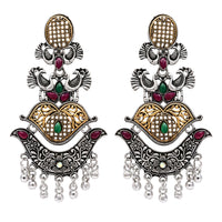 Etnico Silver Oxidised Traditional Peacock & Floral Design Ghungroo Detailing Dangle Earrings for Women