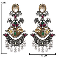 Etnico Silver Oxidised Traditional Peacock & Floral Design Ghungroo Detailing Dangle Earrings for Women