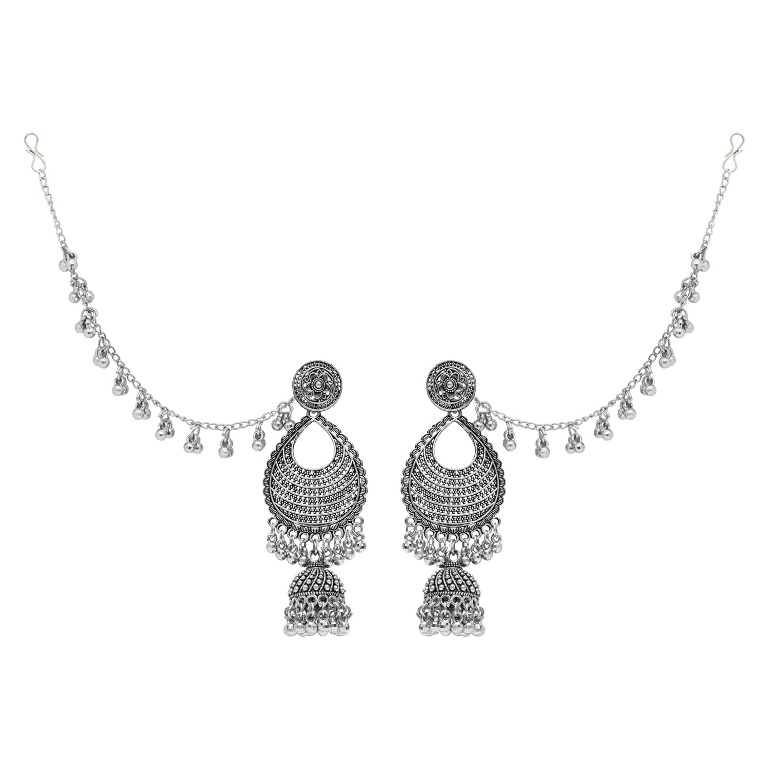 Etnico Silver Oxidised Traditional Jhumka Hair Chain/Ear chain Accessories with Hook For Women