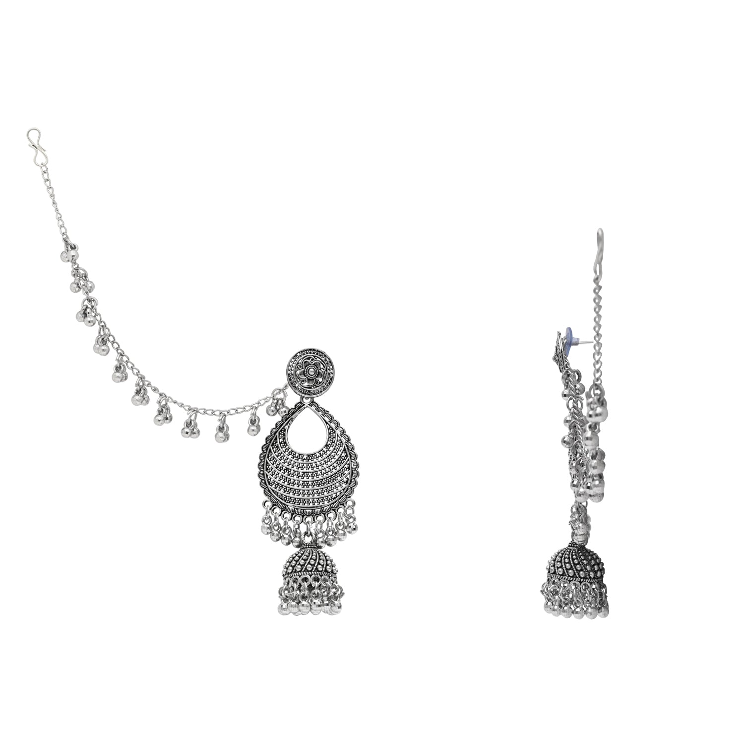 Etnico Silver Oxidised Traditional Jhumka Hair Chain/Ear chain Accessories with Hook For Women