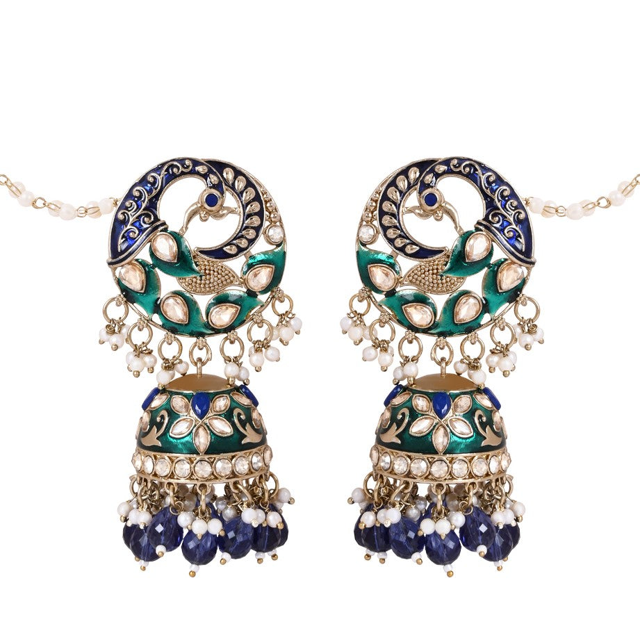 Etnico Gold Plated Traditional Meenakari Jhumka with Ear chain For Women