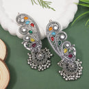Etnico Navratri Silver Oxidised Traditional Paisley Ear Cuffs with Colourful Detailing & Jhumka Drops Earrings for Women
