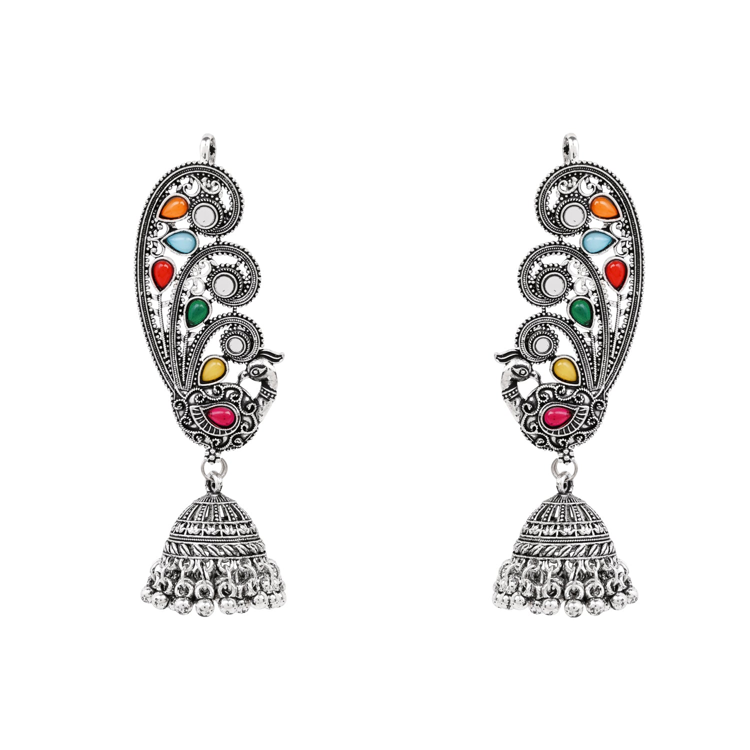 Etnico Navratri Silver Oxidised Traditional Paisley Ear Cuffs with Colourful Detailing & Jhumka Drops Earrings for Women