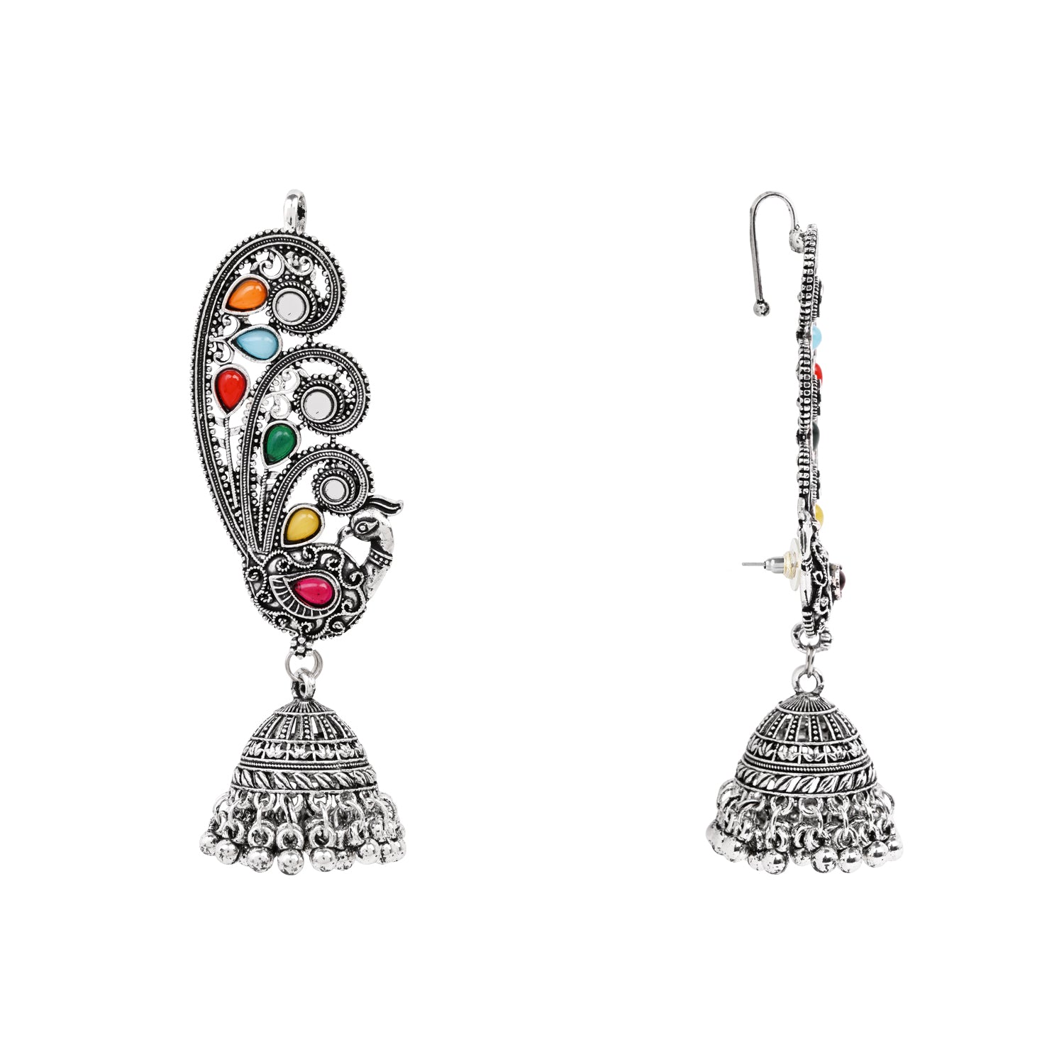 Etnico Navratri Silver Oxidised Traditional Paisley Ear Cuffs with Colourful Detailing & Jhumka Drops Earrings for Women